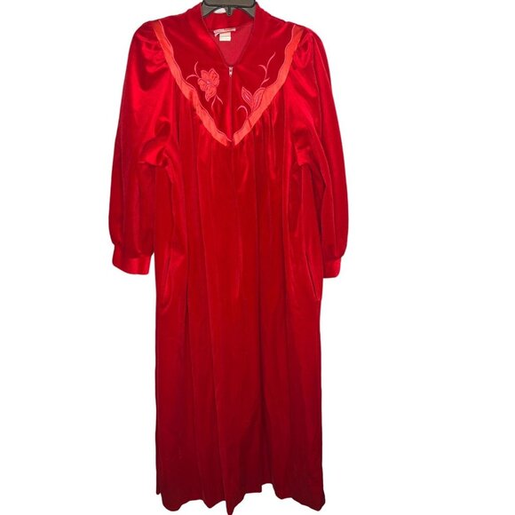 Vintage Loungecrest Sz LARGE Red Velvet Long Robe Floral Embroidery Zip Closure - Picture 1 of 11